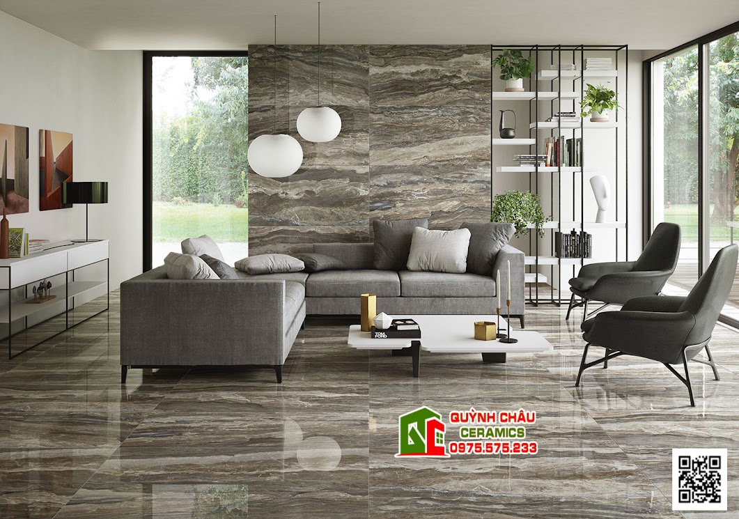 Mẫu gạch lát nền phòng khách biệt thự bóng vân đá xám đậm