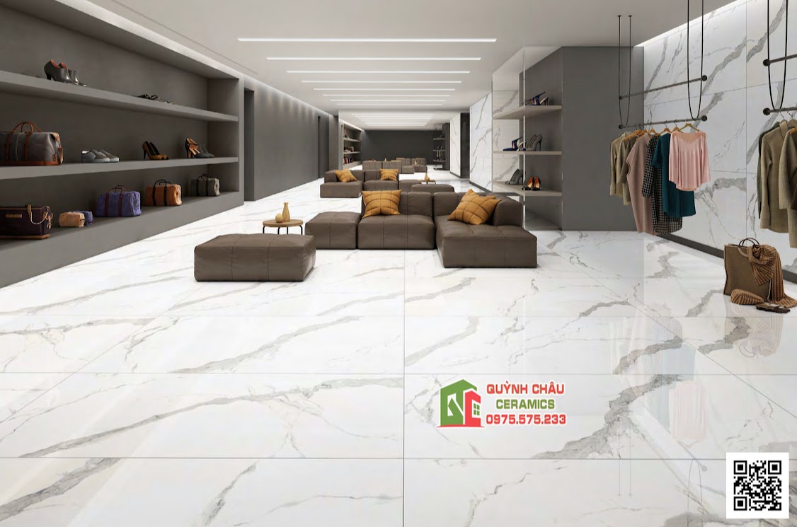 Mẫu gạch lát nền phòng khách trắng vân đá marble vân xám bóng