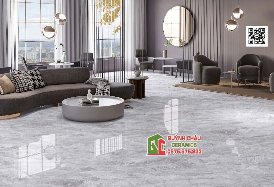 Mẫu gạch lát phòng khách biệt thự xám vân đá bóng kiếng
