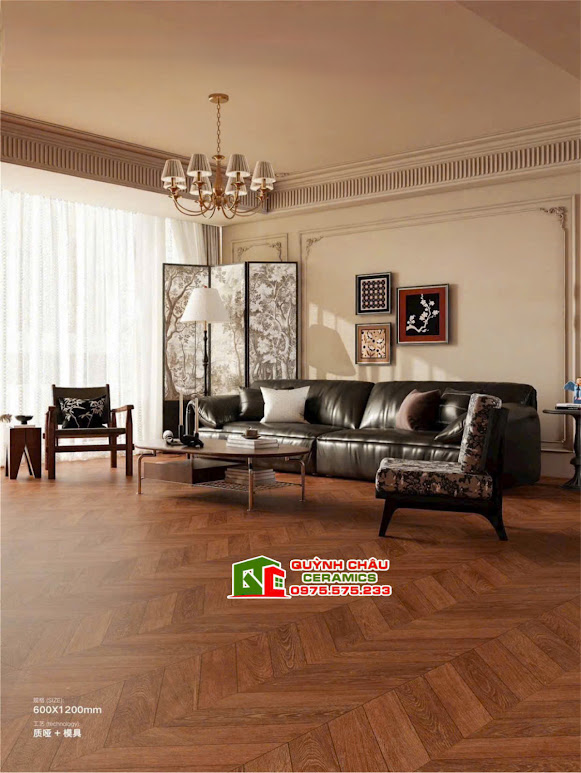 Mẫu gạch lát phòng khách vân gỗ xương cá 60x120cm