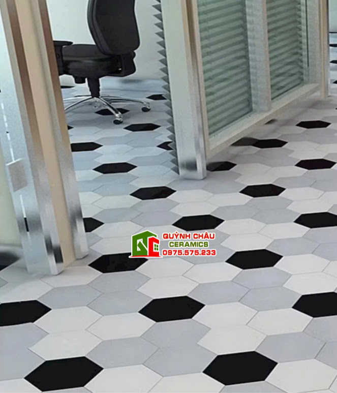 Mẫu lục giác lát phòng khách mix màu trắng xám đen