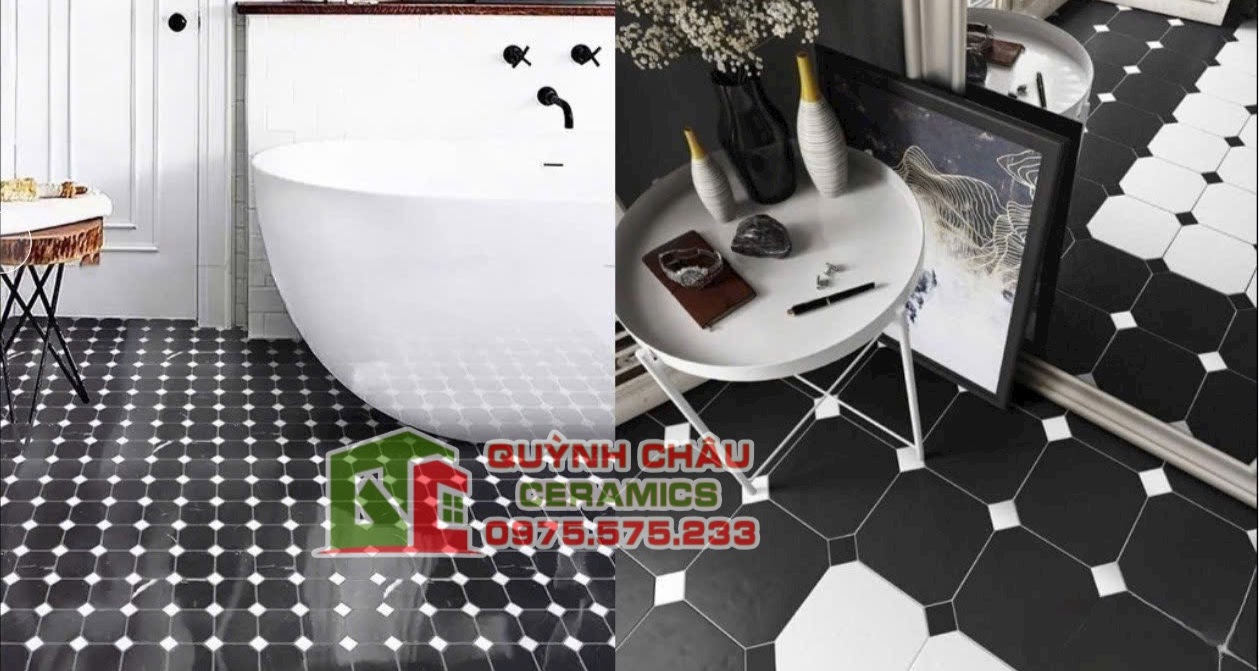 Mẫu gạch mosaic bát giác đen nhấn trắng ốp phòng tắm