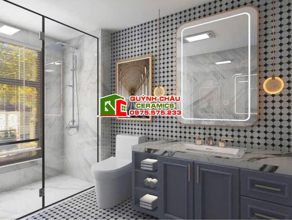 Mẫu gạch mosaic bát giác trắng đen ốp phòng tắm