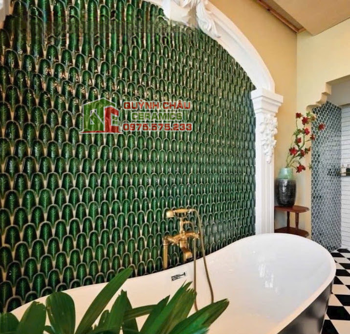 Mẫu gạch mosaic hình lông vũ màu xanh ốp phòng tắm