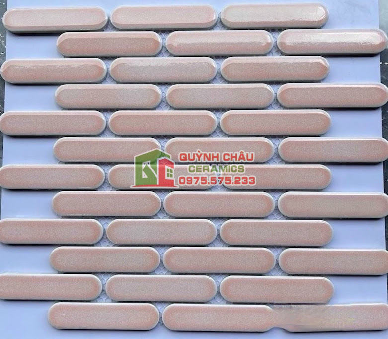 Mẫu gạch mosaic thanh que đầu tròn màu hồng bóng