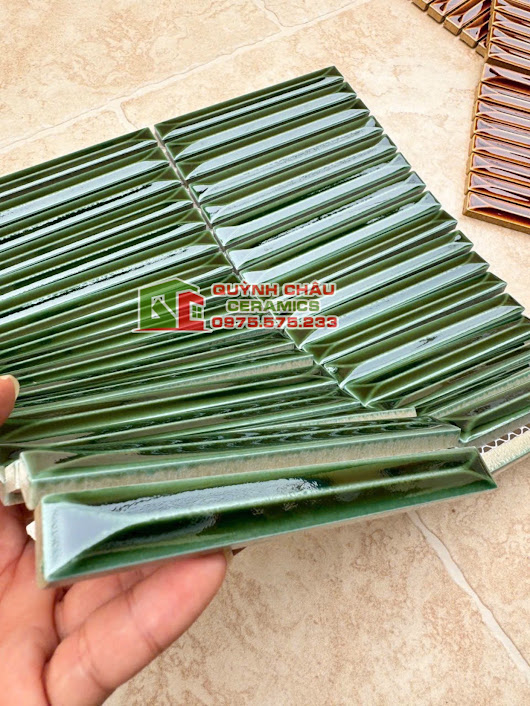 Mẫu gạch mosaic vát cạnh que đũa màu xanh bóng