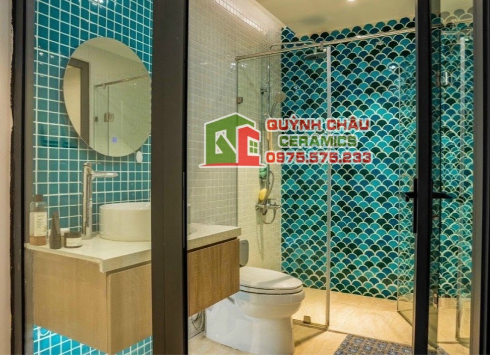 Mẫu gạch mosaic vảy cá màu xanh