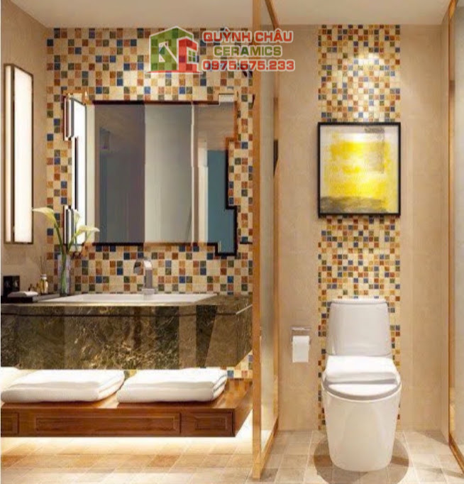 Mẫu gạch mosaic vuông gốm sứ phối màu ốp phòng tắm