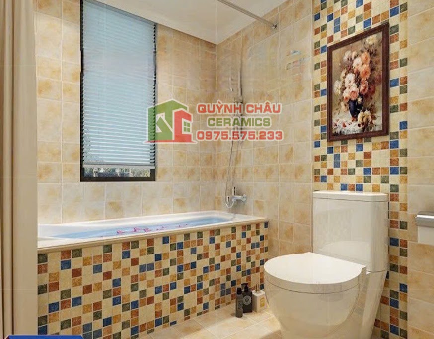 Mẫu gạch mosaic vuông nhỏ mix màu cổ điển ốp phòng tắm