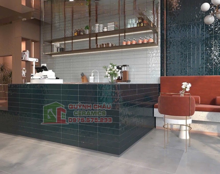 Mẫu gạch thẻ men lượn sóng ốp quán cafe