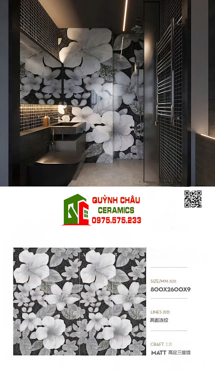 Mẫu gạch trang trí mosaic hình bông hoa trắng bề mặt nổi 5D khổ lớn 80x260