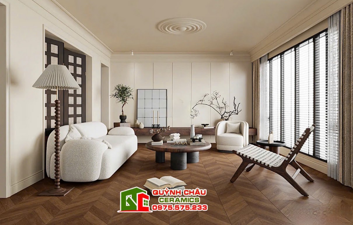 Mẫu gạch vân giả gỗ xương cá 60x120cm lát phòng khách