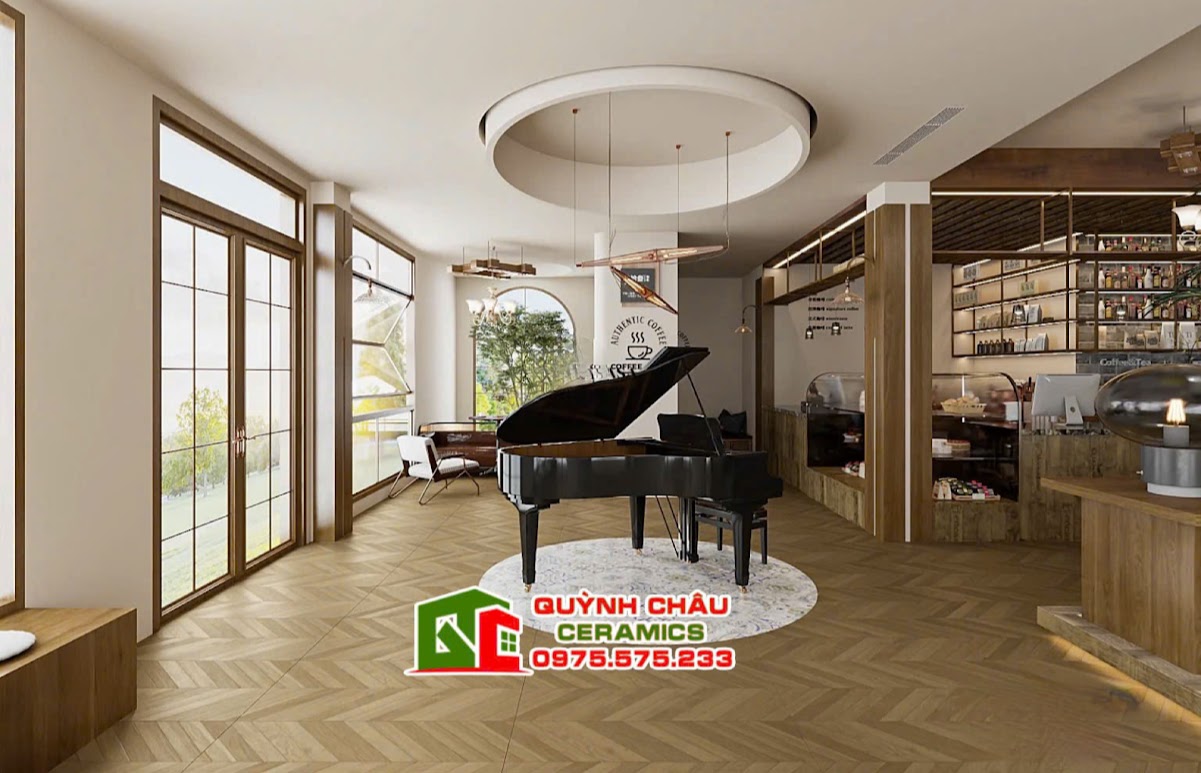 Mẫu gạch vân gỗ xương cá lát khu vực bán hàng 60x120cm