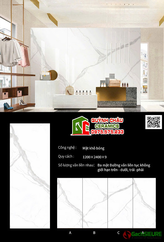 Gạch ốp lát 120x240 đá nung kết bóng trắng vân
