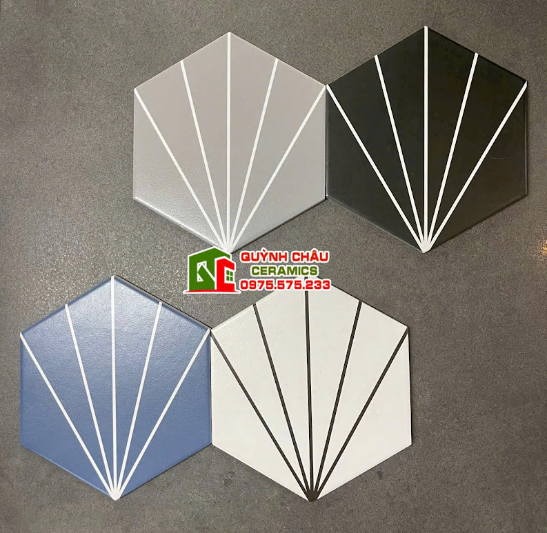 Gạch lục giác 5 tia cánh quạt màu đen ghi xám trắng Gạch lục giác 5 tia cánh quạt màu đen ghi xám trắng