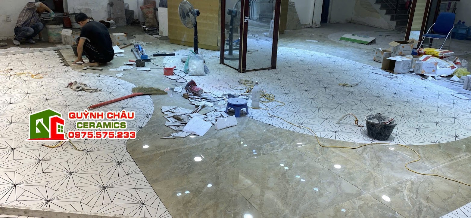 Gạch lục giác 5 tia cánh quạt màu đen ghi xám trắng Gạch lục giác 5 tia cánh quạt màu đen ghi xám trắng