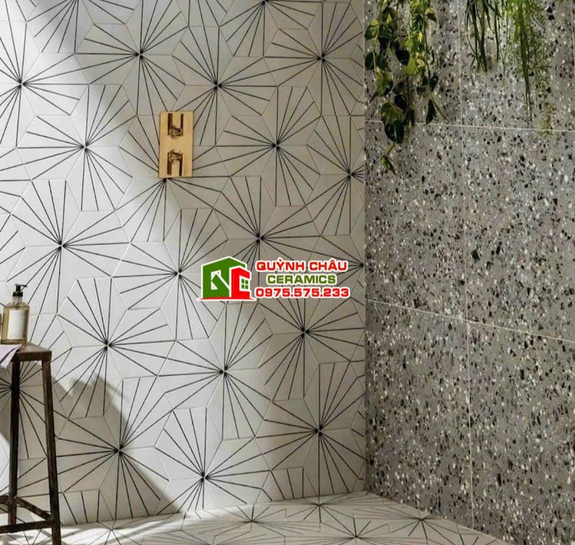 Gạch lục giác 5 tia cánh quạt màu đen ghi xám trắng Gạch lục giác 5 tia cánh quạt màu đen ghi xám trắng