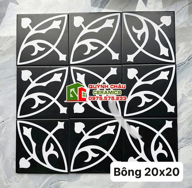 Gạch bông đen hoa văn trắng 20x20 trung quốc