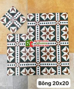 Gạch bông giả cổ 20×20 hoạ tiết đối xứng nâu xanh