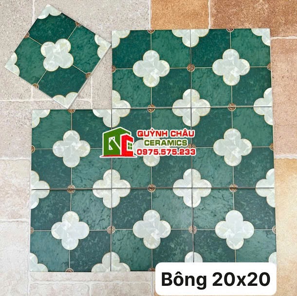 Gạch bông giả cổ 20x20 xanh rêu hoa mai trắng xanh