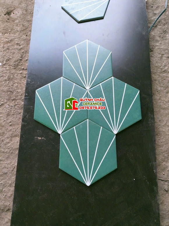 Gạch lục giác 20x23 màu xanh tia trắng cánh quạt