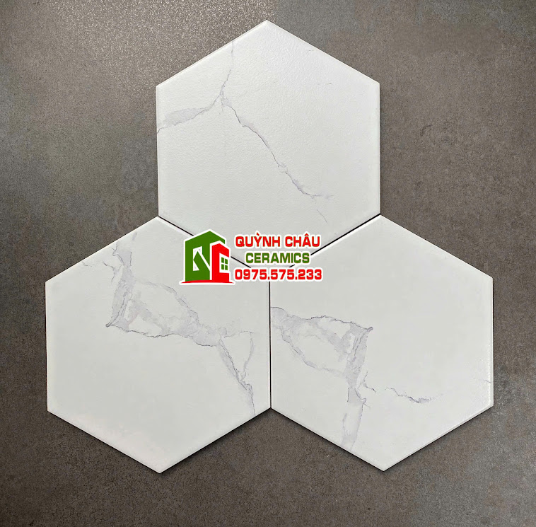 Gạch lục giác 20x23 trắng vân đá xám mờ