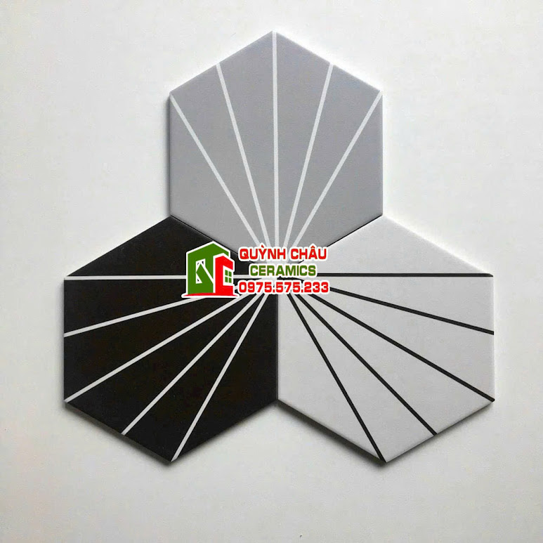 Gạch lục giác 5 tia cánh quạt màu đen ghi xám trắng