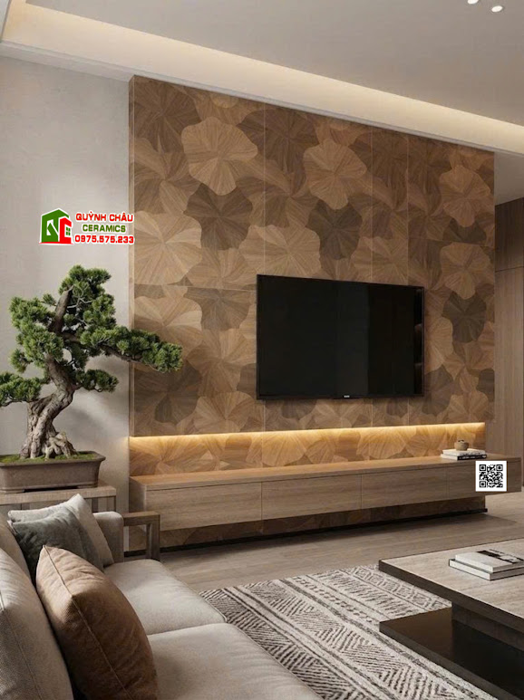 Mẫu gạch hoạ tiết lá sen ốp điểm nhấn mảng tường tivi