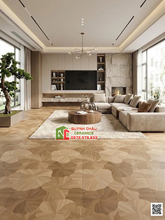 Mẫu gạch hoạ tiết lá sen vân gỗ lát phòng khách