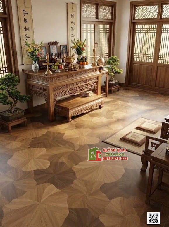 Mẫu gạch hoạ tiết lá sen vân gỗ lát phòng thờ