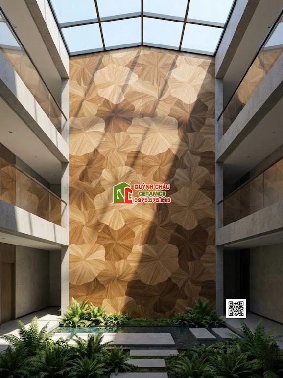 Mẫu gạch hoạ tiết lá sen vân gỗ ốp giếng trời