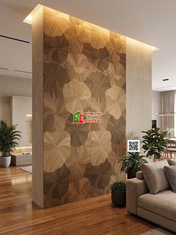 Mẫu gạch hoạ tiết lá sen vân gỗ ốp vách ngăn
