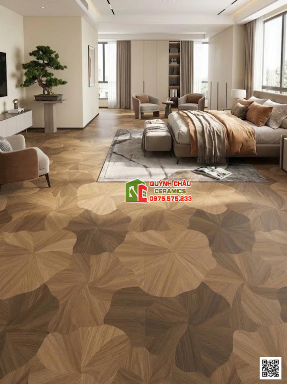Mẫu gạch hoa văn lá sen vân gỗ lát phòng ngủ