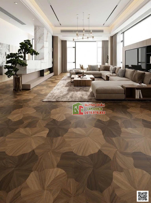 Mẫu gạch vân gỗ hoạ tiết lá sen đậm lát phòng khách