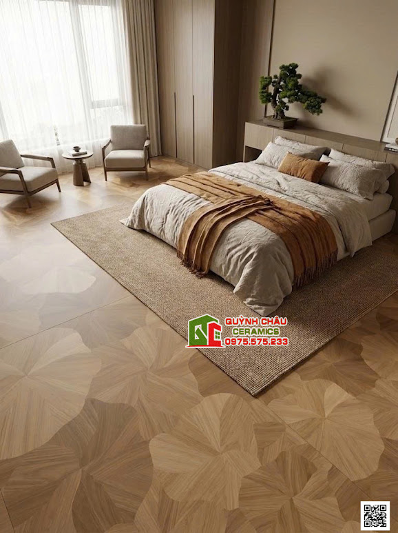 Mẫu gạch vân gỗ hoạ tiết lá sen lát phòng ngủ