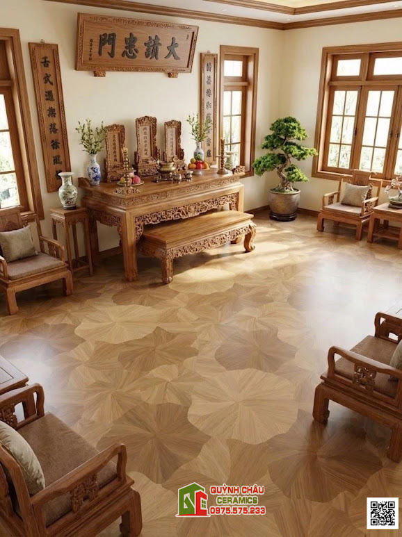 Mẫu gạch vân gỗ hoạ tiết lá sen lát phòng thờ