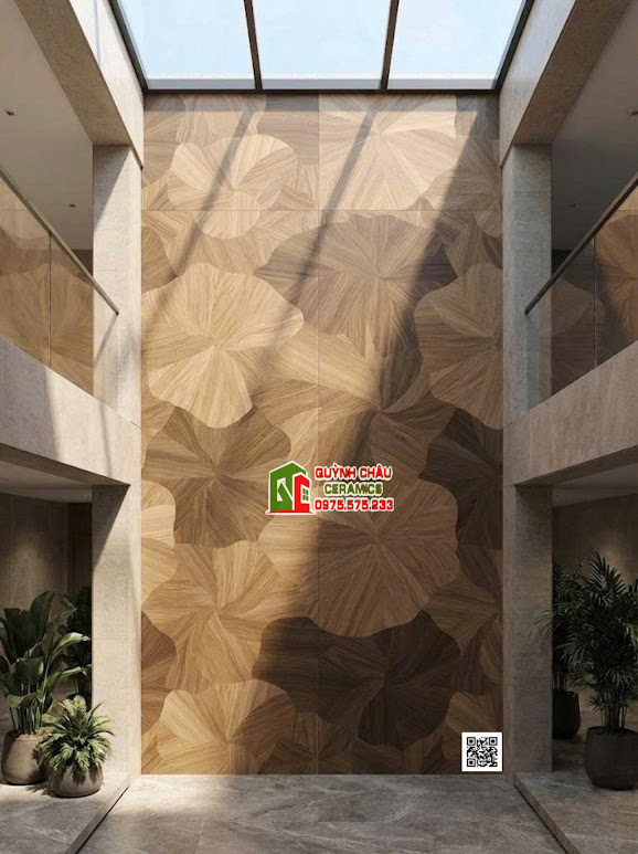 Mẫu gạch vân gỗ hoạ tiết lá sen ốp giếng trời