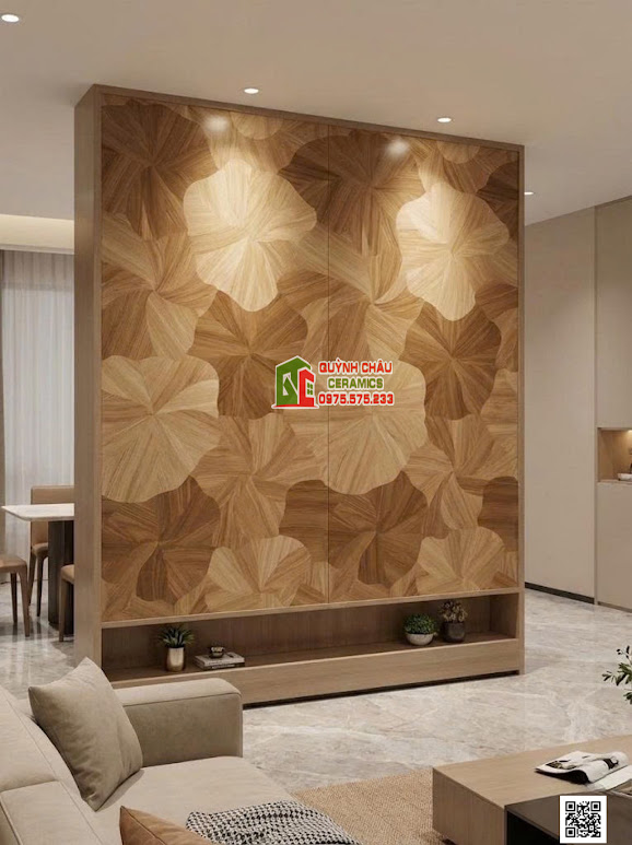 Mẫu gạch vân gỗ hoạ tiết lá sen ốp vách ngăn