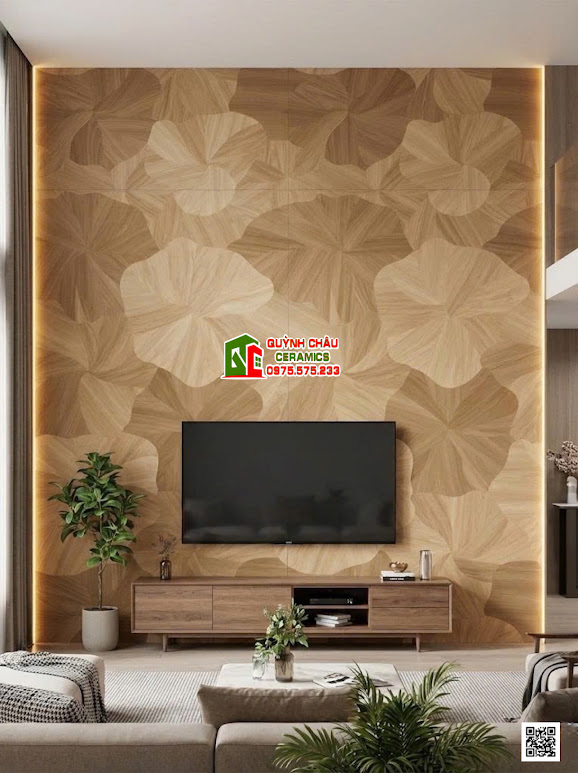 Mẫu gạch vân gỗ hoa văn lá sen ốp mảng tường tivi