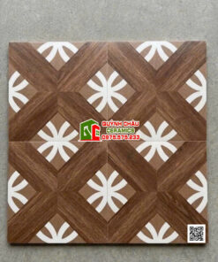 Gạch bông 30×30 nền vân gỗ hoạ tiết bông hoa trắng đối xứng