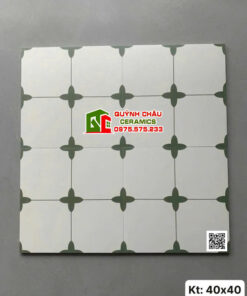 Gạch bông 40×40 nền trắng hoạ tiết cánh hoa màu xanh rêu