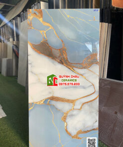 Gạch ốp lát 60×120 xanh trắng vân nhũ vàng bóng kính