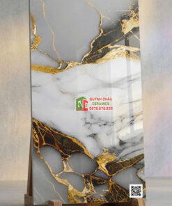 Gạch lát nền 60×120 vân đá trắng vàng bóng kính sang trọng