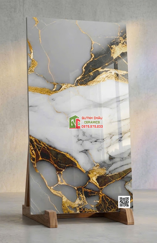 Gạch lát nền 60x120 vân đá trắng vàng bóng kính sang trọng
