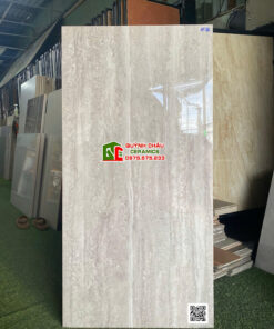 Gạch Travertine 60×120 bóng kiếng vân đá xám nhạt