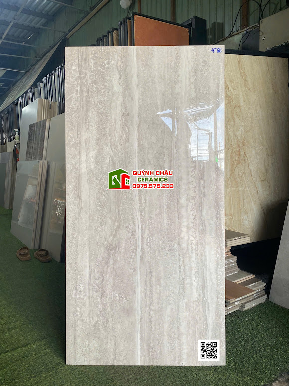 Gạch Travertine 60x120 bóng kiếng vân đá xám nhạt