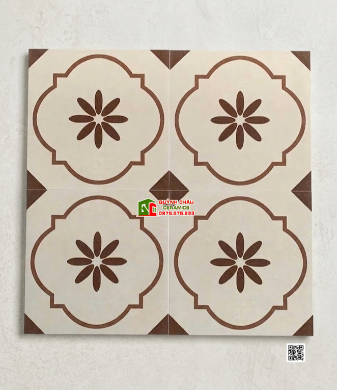 Gạch bông lát nền 40×40 trắng kem hoa văn màu nâu Gạch bông lát nền 40×40 trắng kem hoa văn màu nâu