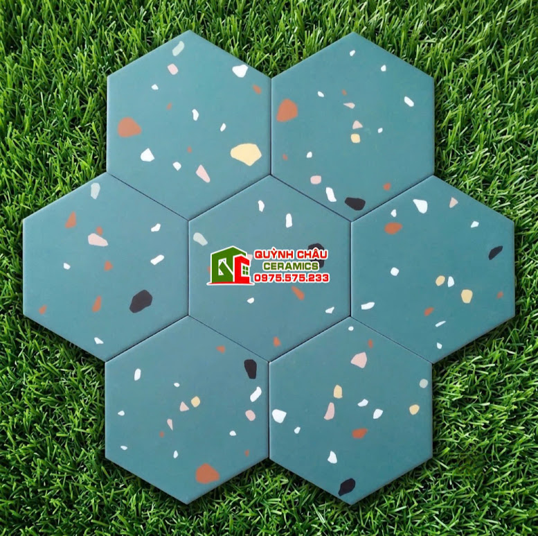 Gạch lục giác 200x230mm xanh vân terrazzo đá mài